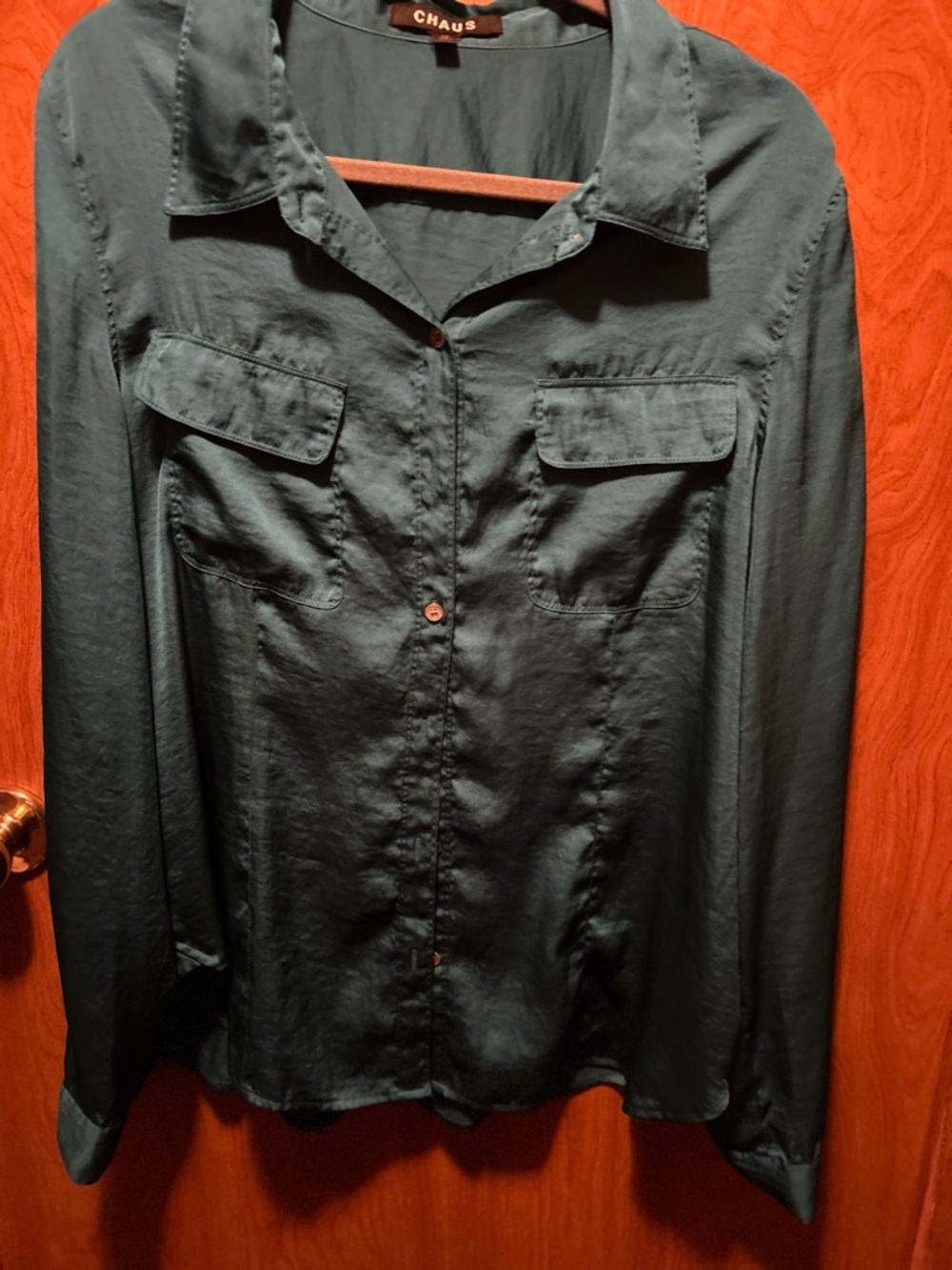 Chaus Teal Satin Collared Blouse Beautiful!